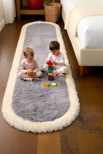 Image of Fluffy Silky Micro Fiber Polyster Carpet /Runner for Bedroom, Study Room, Playing Room, Guest Room ETC. 2x6 feet Feet, (Grey and Ivory Side boder)
