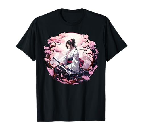 Japanese Samurai Girl Vintage Retro Sakura Cherry Blossom Maglietta
