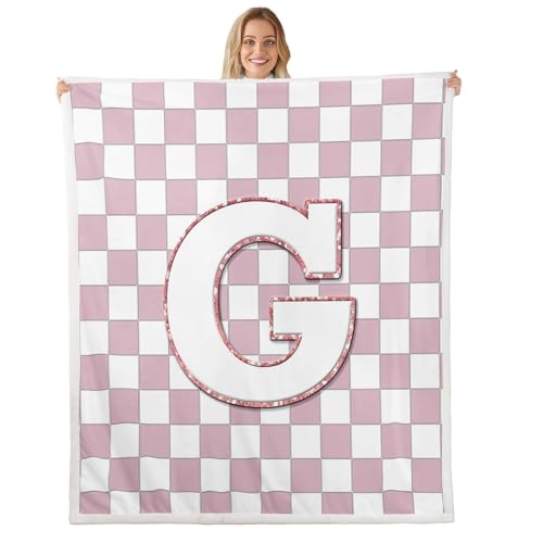 Image of Erosebridal Pink Initial G Sherpa Blanket Kawaii Plaid Checkered Fuzzy Plush Throw Cute Personalized Monogram Fleece Blanket for Kids Girls,Fashion Grids Gingham Decor for Bed Couch Twin 60 inchx80 inch