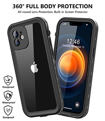 Protebox For Iphone 12 Waterproof Case With Built-In Screen Protector, Shockproof Dustproof Full Body Protective Ip68 Waterproof Phone Case For Iphone 12 6.1 Inch (Black/Clear) #TOP4