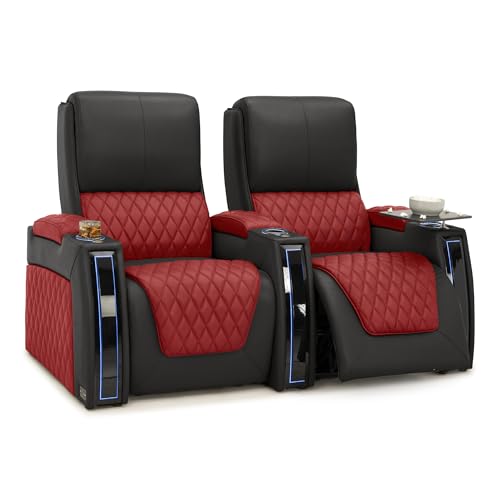 Image of Seatcraft Apex Red /Black Italian Leather Home Theater Seating, Zero Gravity Power Recliner Chair, Powered Headrest and Lumbar Gaming and Lounge Sofa Furniture for Cinema Room, Row of 2