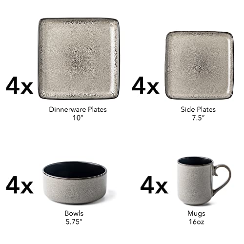 Arora Flackar Square Stoneware 16Pc Dinnerware Set For 4, Dinner Plates, Side Plates, Cereal Bowls, Mugs - Reactive Glaze Grey (477653) #TOP1