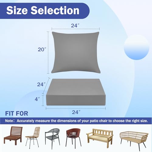 Image of IASEAHK Outdoor Seat Cushion Set, Waterproof & Fade Resistant Patio Chair Cushions, Outdoors Cushion for Patio Furniture, 24 x 24 x 4 Inch, Outdoor Couch Cushions with Handle and Ties, Grey