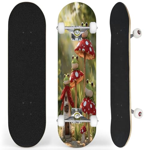 Complete Skateboard with Playful Green Frogs Mushroom Houses Peaceful Forest Beginner Skateboard 7-Layer Maple Wood Double Kick Concave Skateboards for Kids, Adults, Teens 31