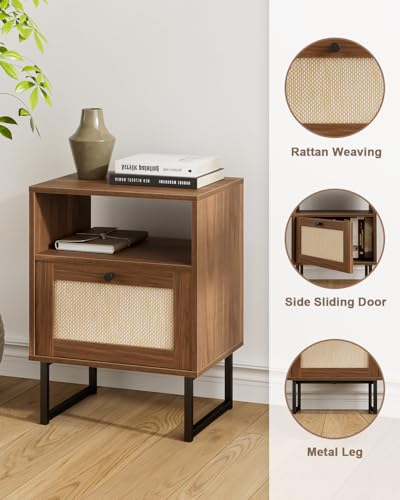 Image of Rattan Nightstand, Mid Century Modern Night Stand,Boho Farmhouse Wood Bedside Table with Storage and Open Shelf, End Side Accent Table for Bedroom,Living Room,Walnut