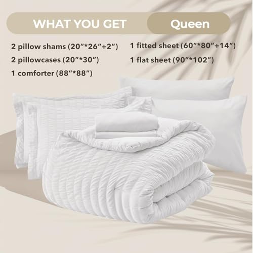 Image of HYMOKEGE White Queen Comforter Set Seersucker 7 Pieces, All Season Luxury Bed in a Bag for Bedroom, Bedding Set with Comforters, Sheets, Pillowcases & Shams