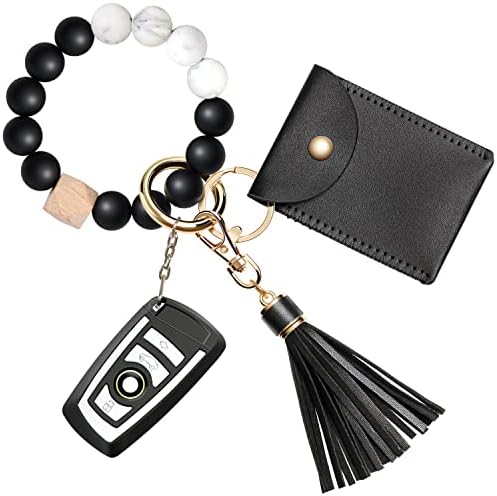UpUDo Keychain Bracelet Wristlet, Silicone Beaded Key Ring Bracelet with Card Wallet, Elastic Keyring Bangle for Womens