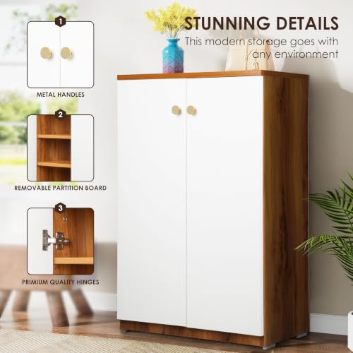 Image of Engineered Wood Shoe Rack with Doors | Shoe Storage Organizer for 12-16 Pairs | Modern Wooden Shoe Cabinet for Entryway, Living Room & Bedroom | 60 x 33 x 91 cm |(SHEESHAM&White 5 Shelf)