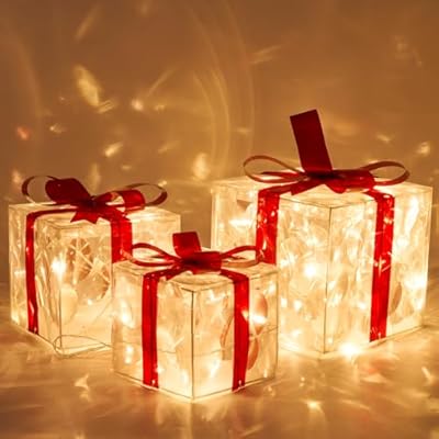 Hanna Roberts Set of 3 Christmas Lighting Gift Boxes, Clear Warm White 60 LED Christmas Lighting Box Decoration with Red Bow Gift Boxes for Christmas Tree, Yard, Home, Christmas Decoration