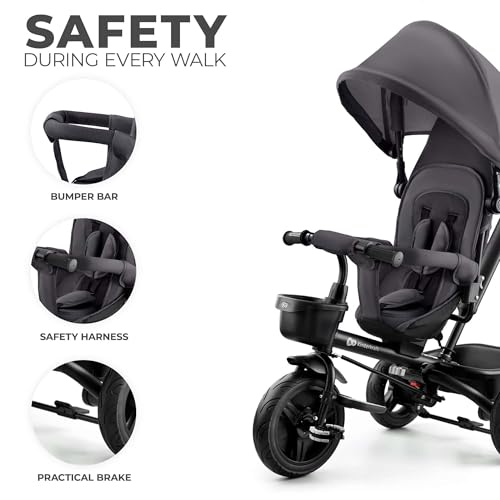 Kinderkraft Aveo Dreirad ab 9 Monaten bis 25 kg, Kinderdreirad mit Schubstange, kompakt zusammenklappbar, drehbarer Sitz, ausklappbares Verdeck mit Sonnenschutz, inkl. Getränkehalter und Korb, Grau