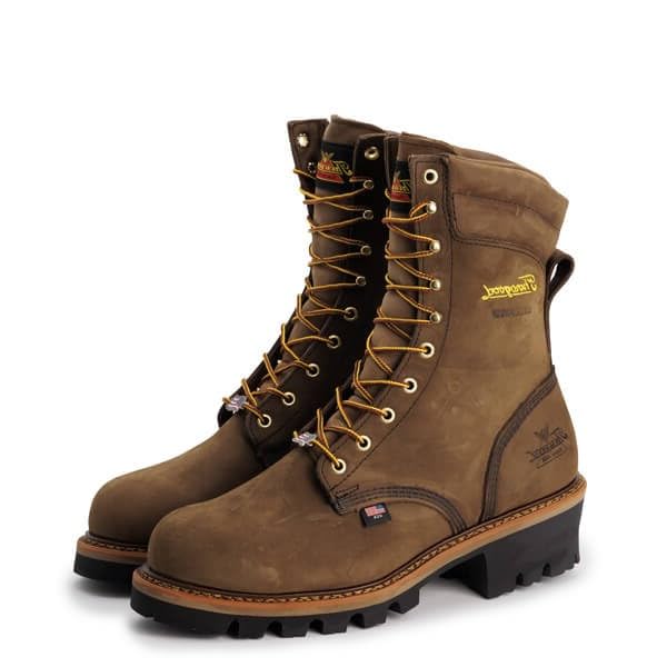 Thorogood Logger Series 9” Waterproof Steel Toe Work Boots for Men - Premium Leather with Storm Welt Construction and Slip-Resistant Vibram Outsole; EH Rated, Studhorse Brown - 10.5 XW US