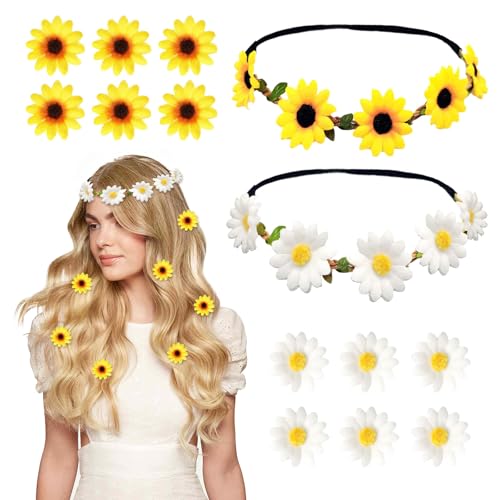 SAIIURV 2Pcs Diadema de Flores Corona de Girasol y 12Pcs Pinzas para el Cabello de Margarita, Flor Hippie Diademas Garras de Flores para Mujeres y Niñas, Boho Hawaiano Pinza de Pelo para Festivales