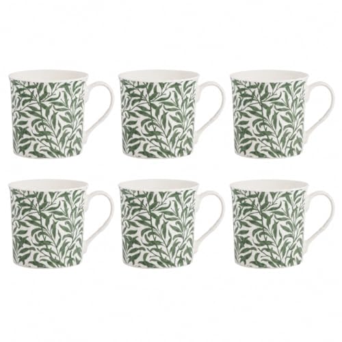 Set of 6 Green Leaf Print New Bone China Mugs 310ml Tea Coffee Cups Botanical Design Lightweight Durable Everyday Drinkware for Home Office Kitchen Use