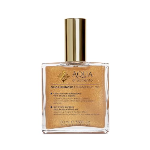 AQUA DI SORRENTO Olio Luminoso Multifunzionale Viso, Corpo e Capelli, Olio Secco Effetto Luminoso con Olio di Argan e Mandorle Dolci, 100ml
