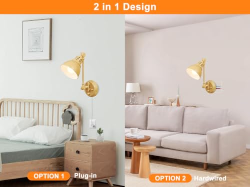 Image of GOODATE 2 Pack Plug in Wall Sconces with Remote Control, Dimming, Adjustable Colors 2700K-6500K, Swing Arm Wall Lamps with Night Light & Timer, Plug-in or Hardwired, LED Bulbs Included, Oak Finish