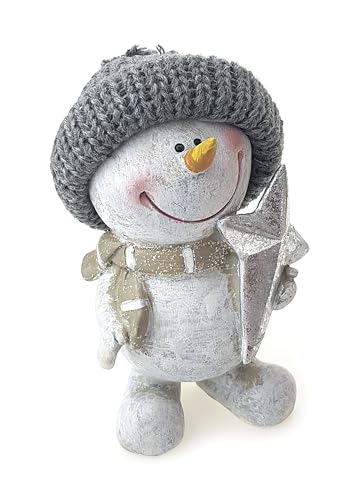 TEMPELWELT Figurine décorative bonhomme de neige avec étoile 14 cm, en céramique blanche et grise, figurine de bonhomme de neige, décoration d'hiver, Noël