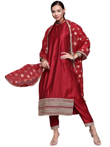 Image of INDO ERA Women's Embroidered Viscose Straight Kurta Palazzo With Dupatta Set (KH9RD4331)
