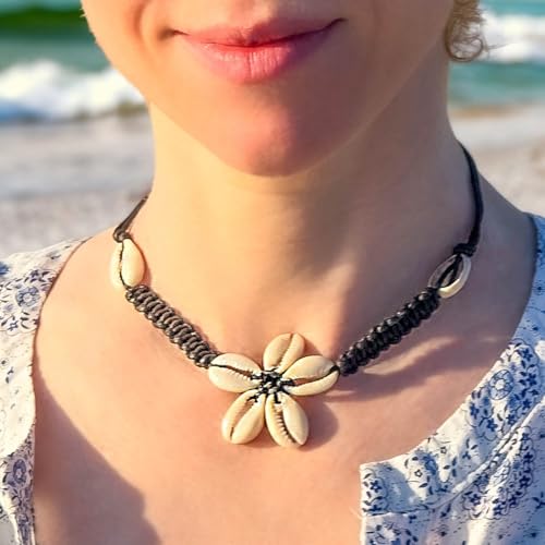 BlueRica Braided Black Cord Choker Necklace with Cowrie Shell Flower Pendant2
