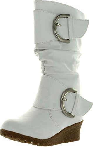 Lucky Top Girls Pure-65K Kids Fashion Slouch Buckles Mid-Calf Zipper Wedge Heel Boots,White,9