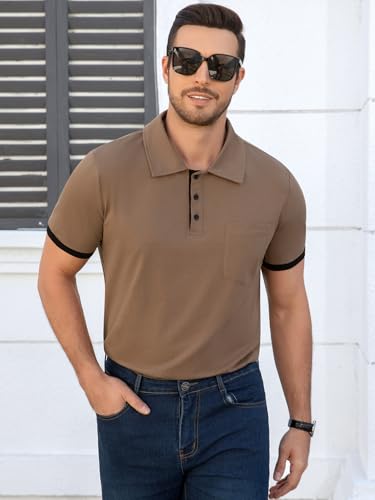 Polo para hombre con puños contrastantes y cuello de verano, casual, de manga corta y 3 botones, con bolsillo miniatura 4