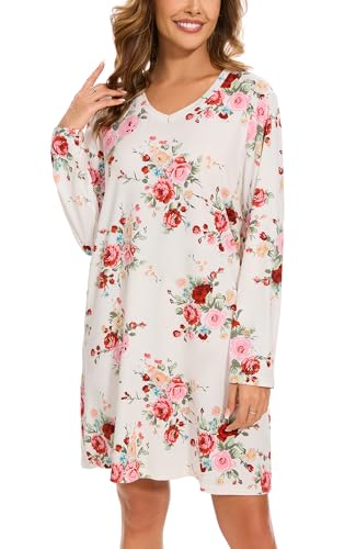 Image of Kabento 2 Pack Long Sleeve Nightgowns for Women Soft Cotton Night Gowns Sleepwear V Neck Nightshirts