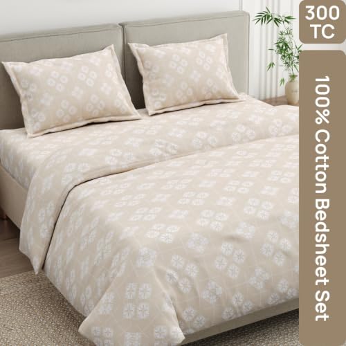 Image of Haus & Kinder Double Bed Bedsheet for Queen Size Bed with 2 Pillow Covers 90 Inch x 100 Inch | Premium Soft & Silky Pure Cotton 300 TC Flat Double Bedsheet | Crystal Loom Beige
