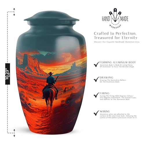 Image of Cowboy Urn - Large & Small Urns for Human Ashes Adult Male - Funeral Urns for Adult Ashes Women - Burial Urns for Human Ashes (Combo - 10 inch & 3 inch, 5 Pcs)