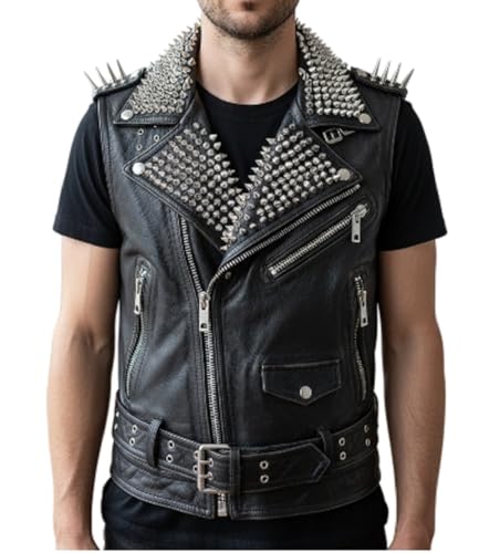 ZM ATTIRE Chaleco de cuero negro con tachuelas para hombre, chaqueta punk sin mangas con cinturón y cremalleras, Piel auténtica, color negro, M