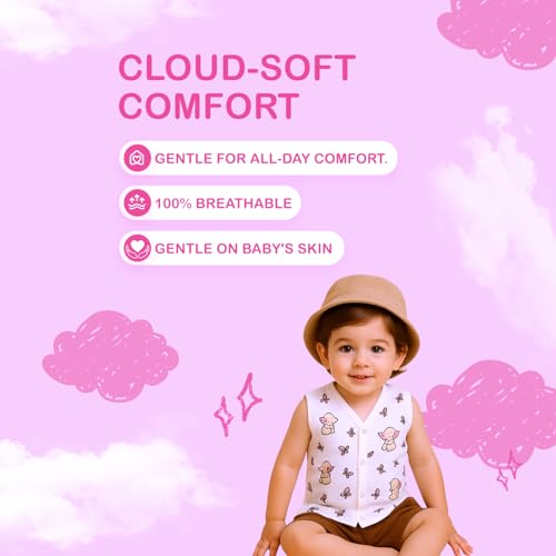 Image of Kidbea Newborn Baby Jhabla Muslin Cotton Clothes for Boys & Girls | Soft Breathable, Cute Printed Sleeveless Baby Wear with Button Closure