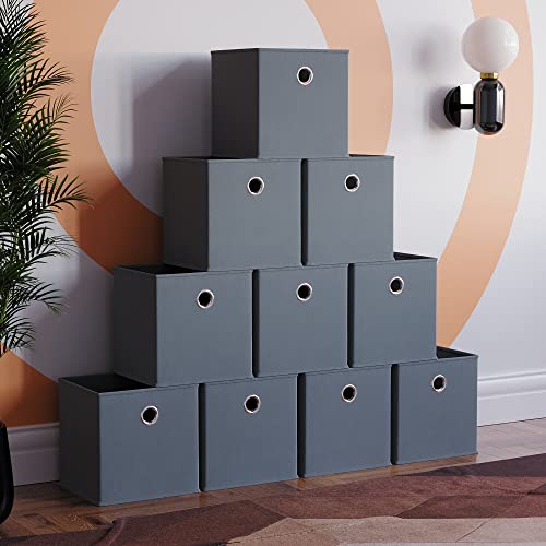 Vida Designs Durham Foldable Storage Cube Baskets Fabric Box With Metal Easy Access Handle Home Organiser (10 Pack, Grey)