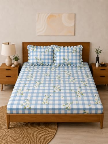 Image of King Size Fitted Bedsheet with 2 Pillow Covers (BLUECHECK, King Size - 72x78 Inch)