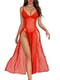 Foxiny Sexy Side Split Long Lace Sheer Lingerie Dress V Neck Night Gowns with Thong 2 Piece Set Women Slip Mesh Babydoll Sleep Wear Negligee Nighty Pajama Floral Red 2# Medium
