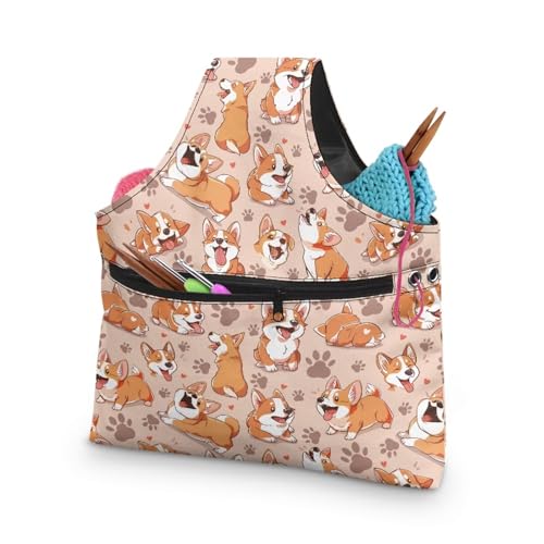 Image of KUIFORTI Dog Yarn Bag Crochet Bag Cute Corgi Yarn Project Bag Knitting Bag Lightweight Kniting Wrist Bag Large Size