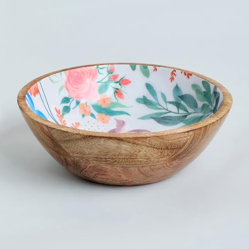 Image of SAAGA Large Printed Mango Wood Mixing Bowl - 8 x 2.5 Inch Round Wooden Serving Bowl | Ideal for Salad, Fruits, Snacks & Curries - Canyon Clay