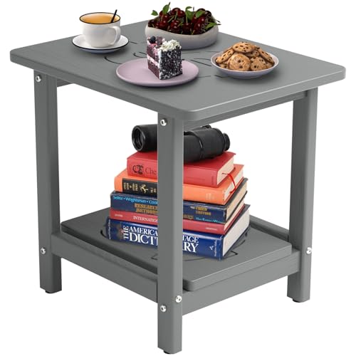 18.9'' HDPE Outdoor Side Table, Weatherproof Small Outdoor Table for Adirondack, Patio, Porch, Balcony, Poolside (2-Tier, Grey)