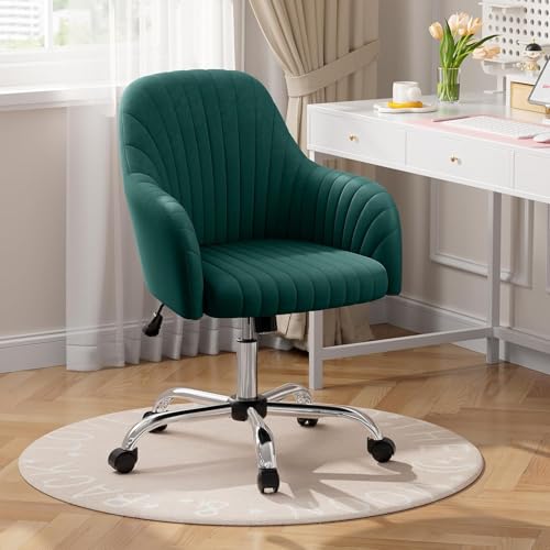 Image of Velvet Desk Chair for Home Office, Adjustable Swivel Task Chair Modern Computer Vanity Chairs with Arm Rest for Bedroom Living Room Make-up Room (Green)