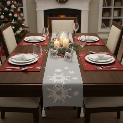 Chemin de table flocon de neige gris clair 33x183cm pour déco Noël