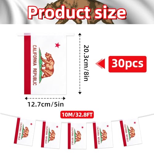 Image of 32.8 ft California Flag Banner, 30 Pcs Mini State String Flags, Red White Green Bear Bunting for California Day, Parades, Western Parties, Home, Garden, and Outdoor Decorations