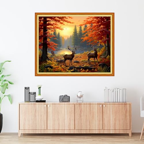Image of Foxdiviy Stamped Cross Stitch Kits Full Range of Embroidery Needlework Starter Kits for Beginners Adults 11CT Embroidery Patterns Art Crafts DIY Needlepoint Kits-Late Autumn Elk 16x20 inch