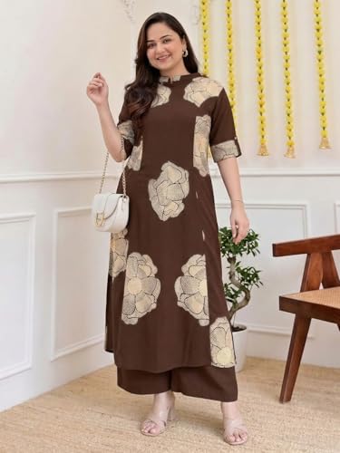 Image of ANNI Designer Women Viscose Blend Straight Fit Printed Kurta Palazzo Set | Mandarin Neck Outfit | Lightweight Breathable Fabric | Comfortable Elegant Styling for Office Casual Wear