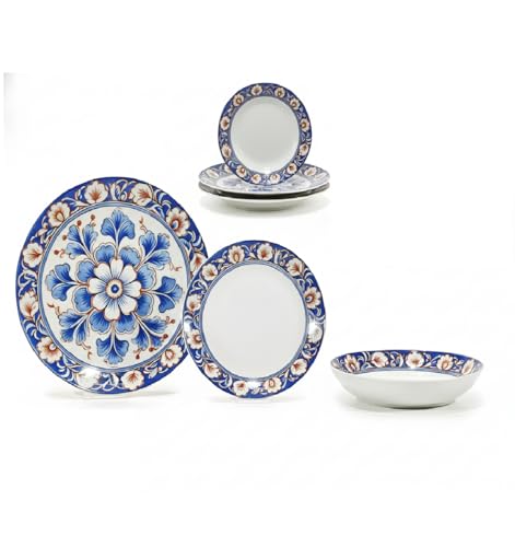 Servizio Piatti 18 Pezzi in Porcellana Decorata Corinzia – Stile Classico Floreale Blu e Terracotta – Piatto Piano Fondo Frutta – Servizio Tavola Elegante per 6 Persone
