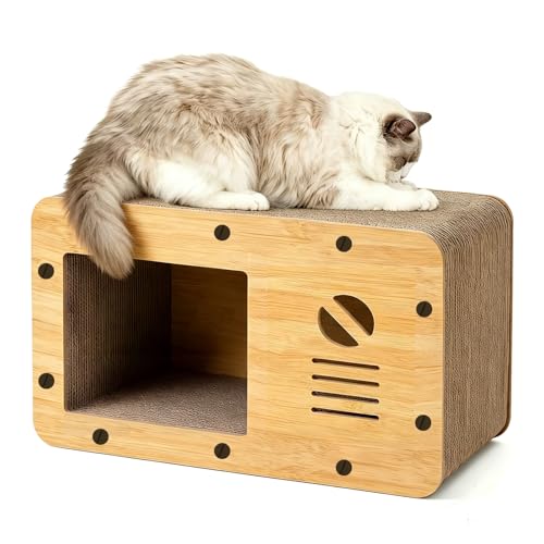 Rascador para Gatos de Cartón, Casa para Gatos Cartón Grande Doble Capa, Resistente y Multifuncional para Rascar, Descansar y Esconderse, Protege los Muebles (A, 48×24×24CM)