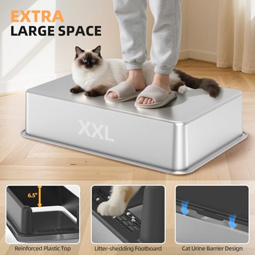 Image of WoofiGo Enclosed Stainless Steel Cat Litter Box with Lid, XL Extra Large Litter Box for Big Cats, Metal Litter Pan High Sided, Never Absorbs Odors, Anti-Urine Leakage, Include Scoop (65-Darkgray)