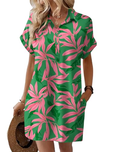 Image of HOTOUCH Womens Summer Shirt Dress 2026 Short Sleeve Floral Shift Dress Casual Loose Flowy Beach Sundress with Pockets
