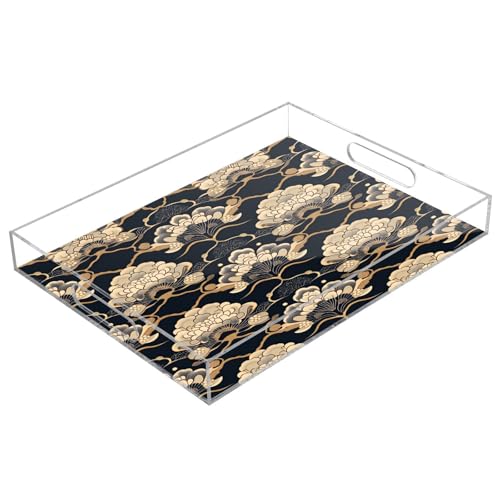 Msyxl Traditional Floral Motif Serving Tray for Coffee Table, Decorative Acrylic Tray Traditional Floral Motif Tray with with Handles for Breakfast, Ottoman, Countertop, 12x16 in