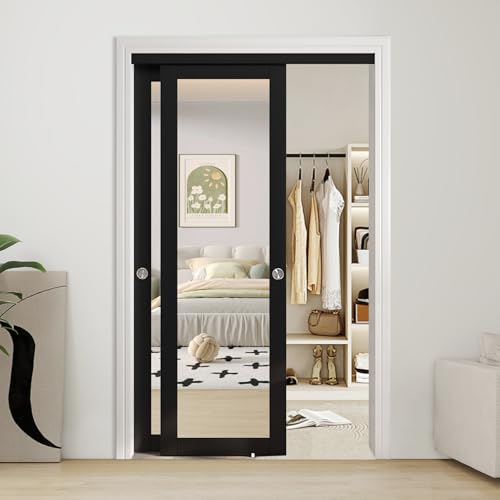 JUBEST 48 x 80 Mirror Closet Door Preassembled One Side Mirror Door with Hardware Kit & Matching Fascia Solid Wood Frame with Water-Proof PVC Surface Easy to Install Black
