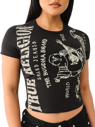 True Religion Women's Heritage Logo Short Sleeve Baby Tee - Casual Crew Neck T-Shirt-Jet Black, XL