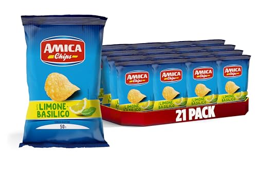 AMICA Chips - La Patatina Gusto Limone e Basilico, 21 Confezioni da 50g | Snack Senza Glutine, Aroma Naturale