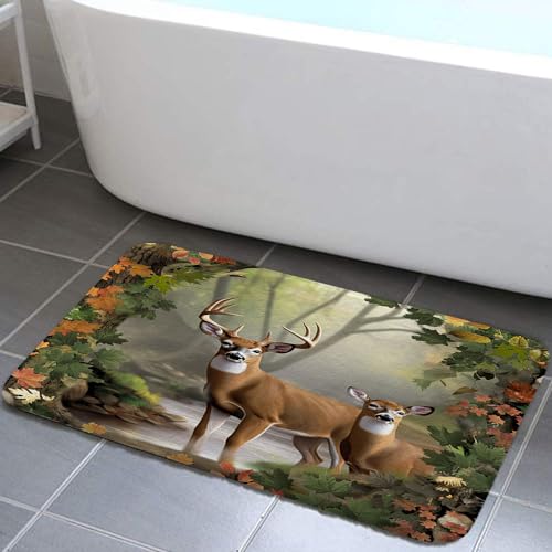 JAWO Camo Hunting Bath Mat, White-Tailed Deer in The Foggy Forest Non-Slip Bathroom Rug, Deer Mat 17X29 inches