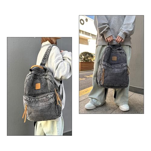 Vintage Denim Backpack for Women, Retro Jean Rucksack with Large Capacity, Lightweight Travel Daypack, Y2K Streetwear Aesthetic Shoulder Bag for Daily Use Work Outdoor Trips (Black)2